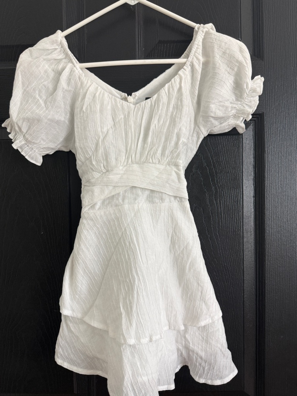 White Katie J NYC Puff Sleeve Tiered Mini Dress